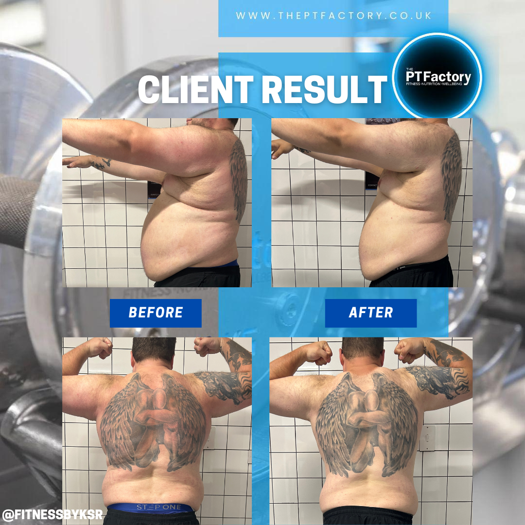 Client before and after — body transformation at FitnessbyKSR